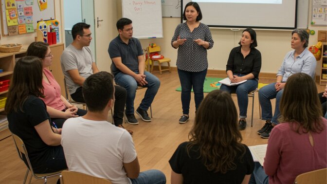 Das Bild zeigt eine Art Teamsitzung bei der mehrere Personen in einem Stuhlkreis stehen und eine Person steht