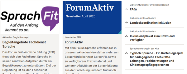 Das Bild zeigt einen Screenshot unserer Startseite mit den Spalten "Sprachfit", "Forum Aktiv" und einer Linkliste. Das Bild dient lediglich als Anschauung auf der Seite "Leichte Sprache".