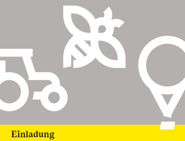 Das Bild zeigt die drei für den Orientierungsplan stehende Piktogramme Traktor, Schmetterling und Ballon und ist mit der Unterzeile Einladung versehen.
