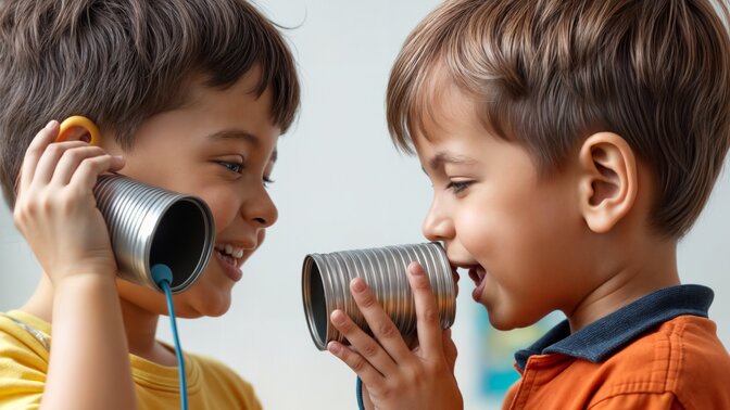 zwei Jungen spielen Telefon mit Dosen